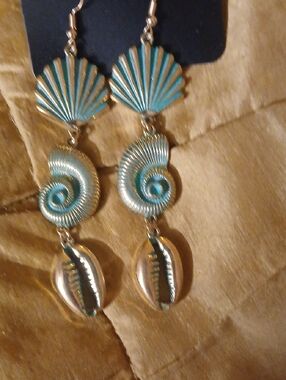 Gold & Teal Shell Drop Earrings - Women Jewelry
